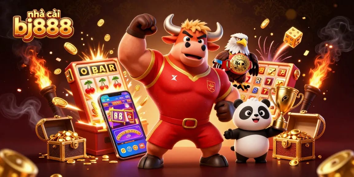 Experience excitement with nhà cái bj888 featuring a dynamic winning scene of casino games and mascots.