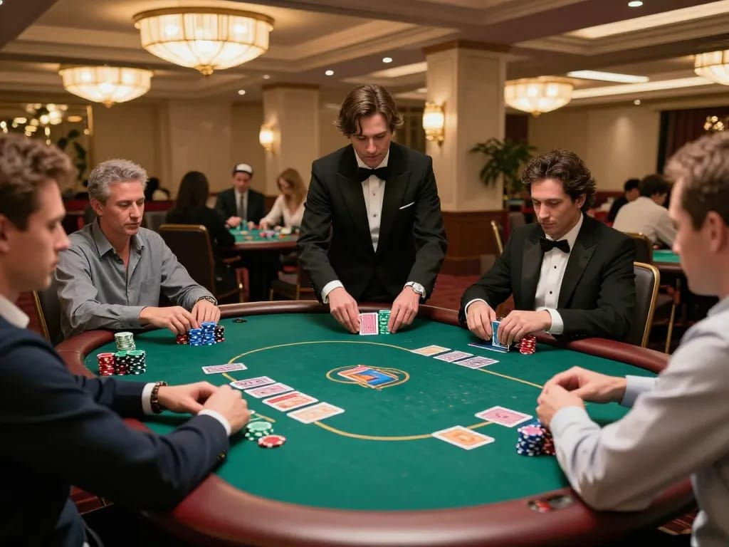 Engaged players placing bets in a high-stakes LLwin poker game at a luxurious casino.