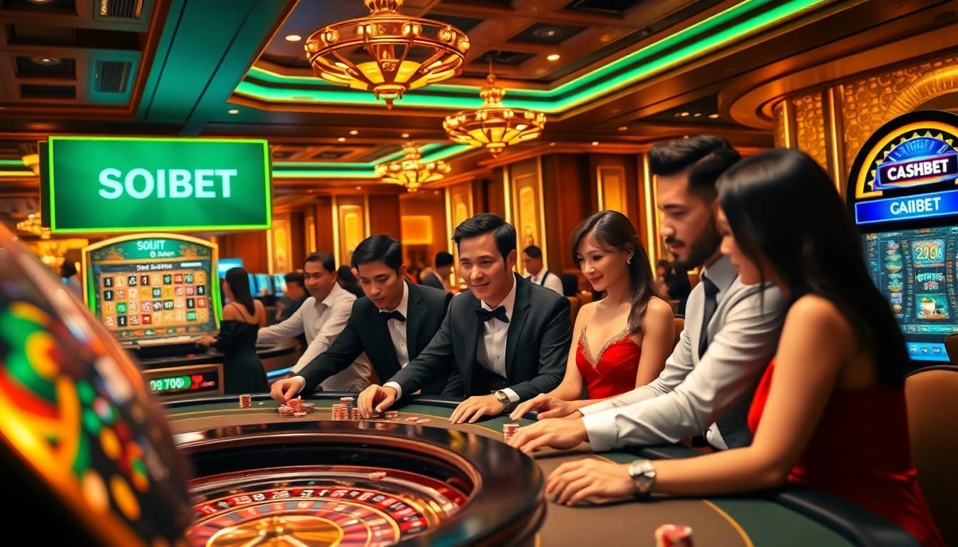 Players engaging at SOIBET casino tables, showcasing an exciting gambling atmosphere.