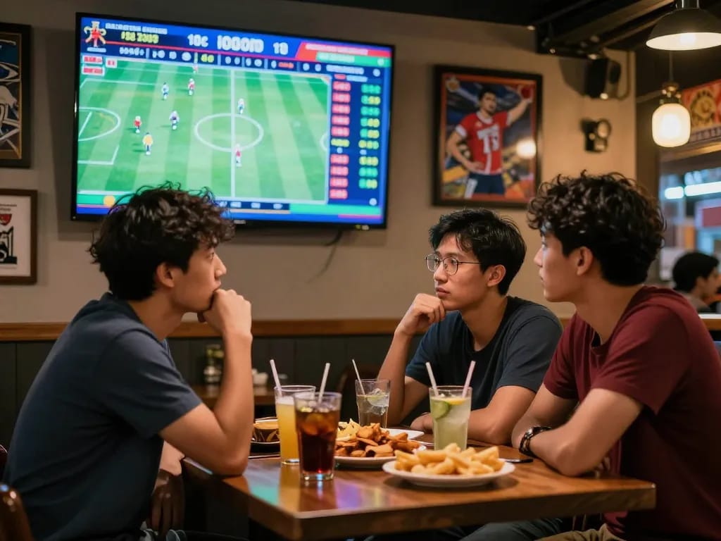 Analyzing kèo nhà cái odds in a lively sports bar environment with friends.