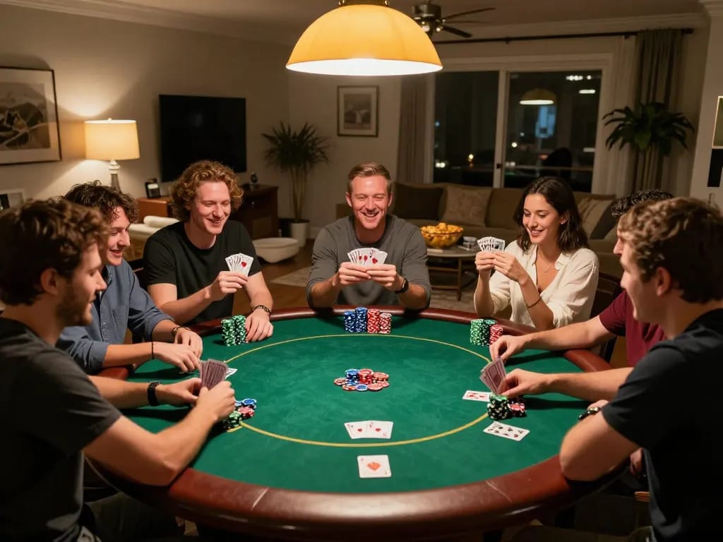 Friends playing poker at home, showcasing the lively atmosphere of gambling with hubet strategies and social bonding