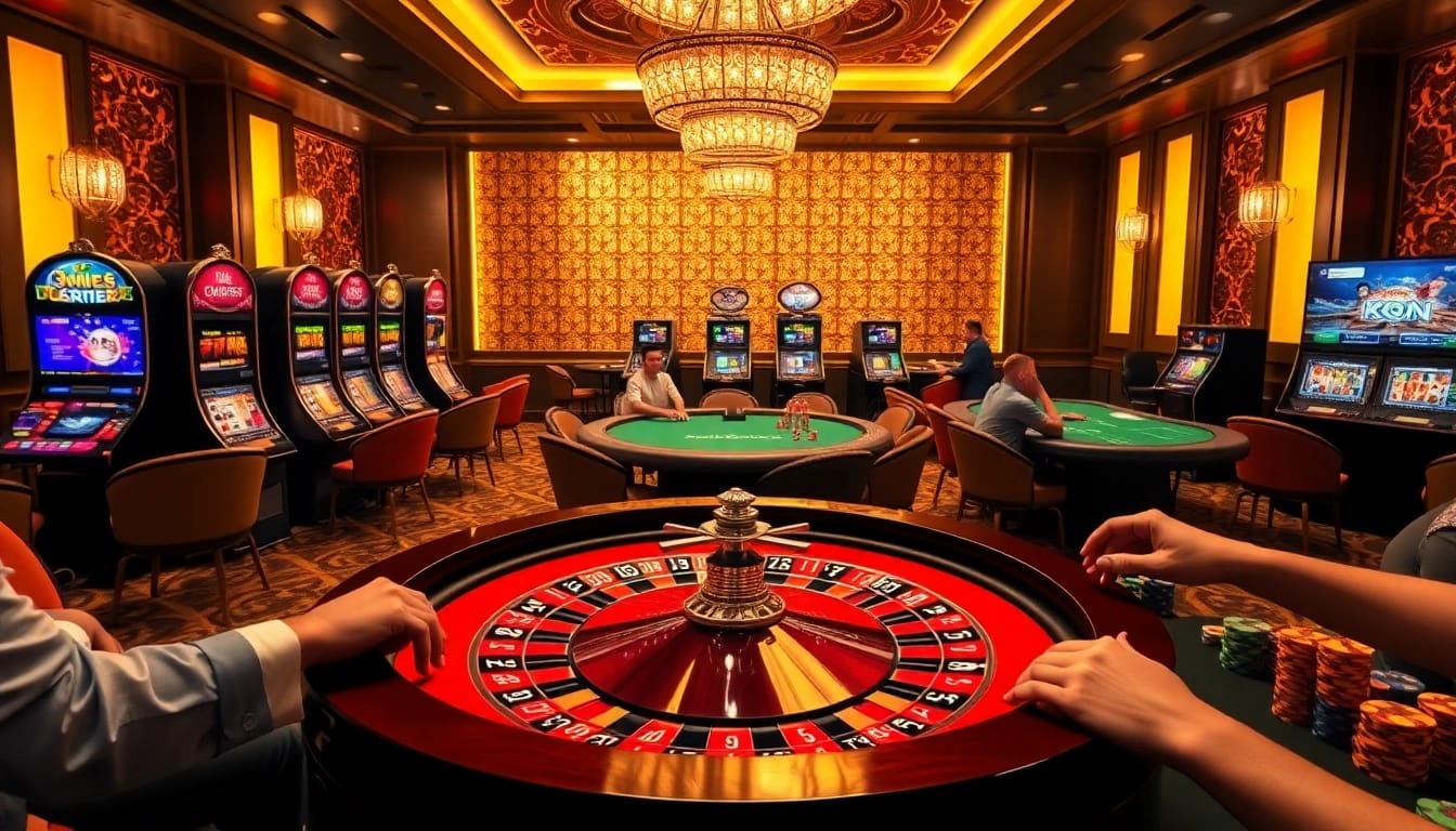 Experience the excitement of casino games at https://hu88.za.com/ with players at a roulette table and colorful slot machines.