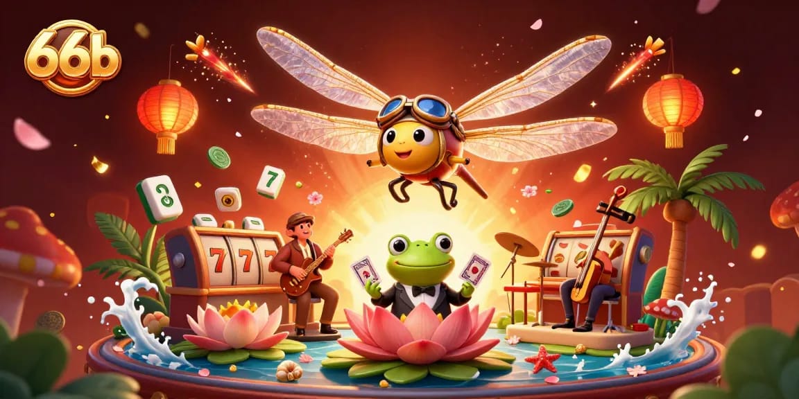 Engage in thrilling gaming at 66b with vibrant casino elements and lively characters illustrated in a unique scene.