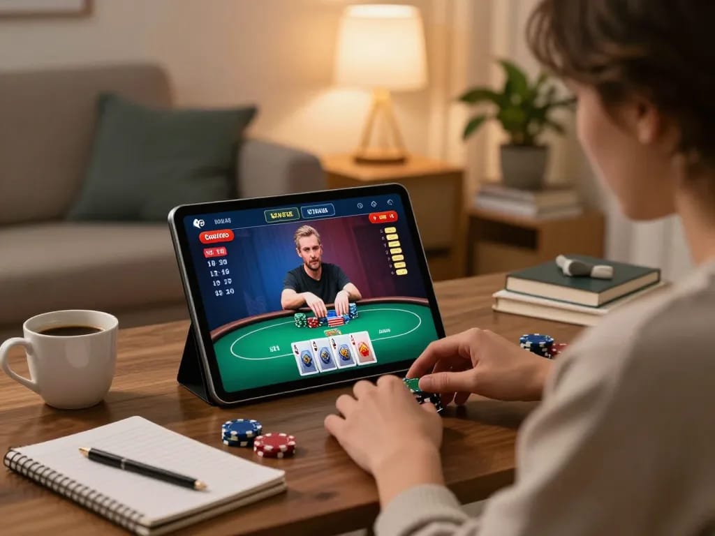 Engaging online poker gaming experience on ALO8 STUDIO tablet in a cozy home setting