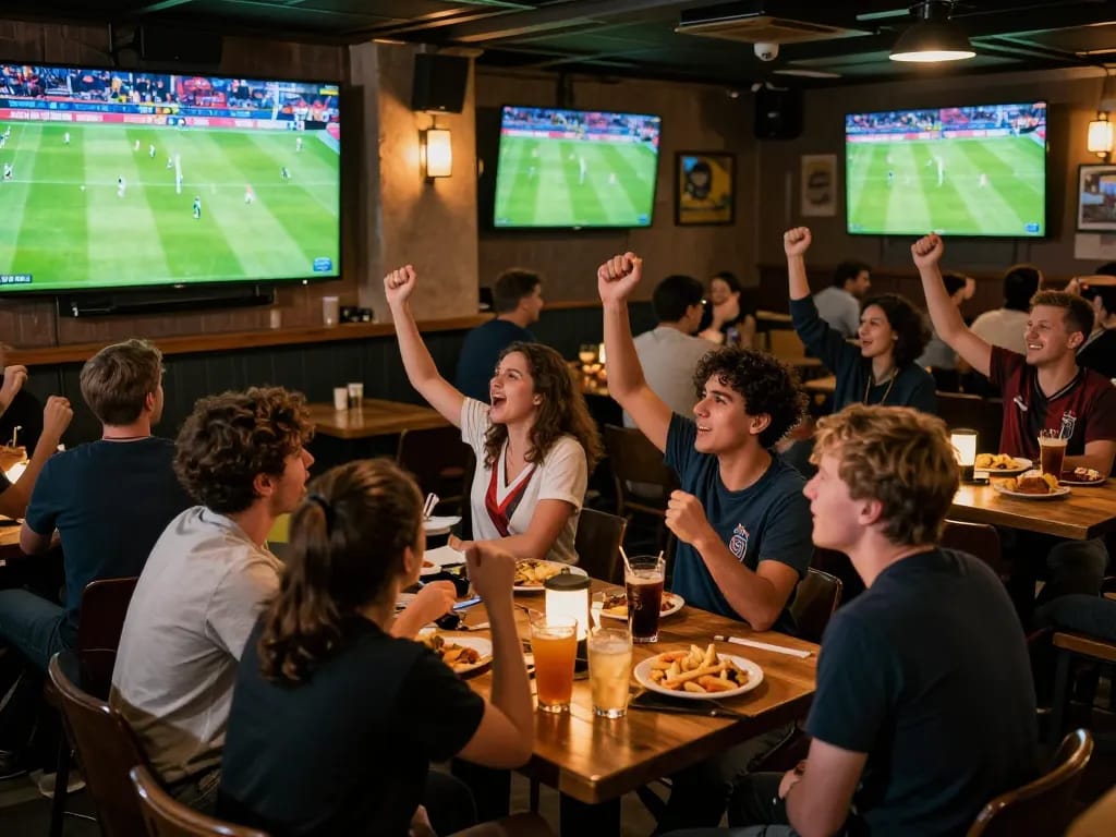 Socolive connects passionate fans, showcasing excitement in a lively sports bar during a live soccer match.