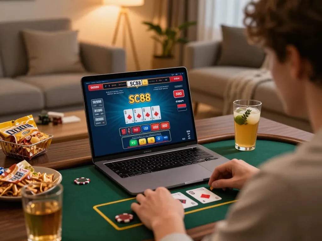 Player enjoying SC88 online casino game on laptop in cozy living room environment