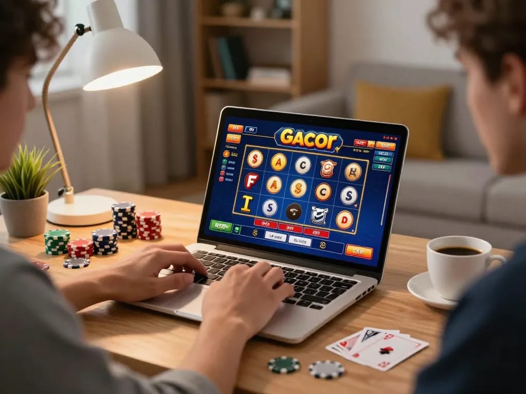 Engaging session of Slot Gacor game on laptop, showcasing a strategic online gambling environment.
