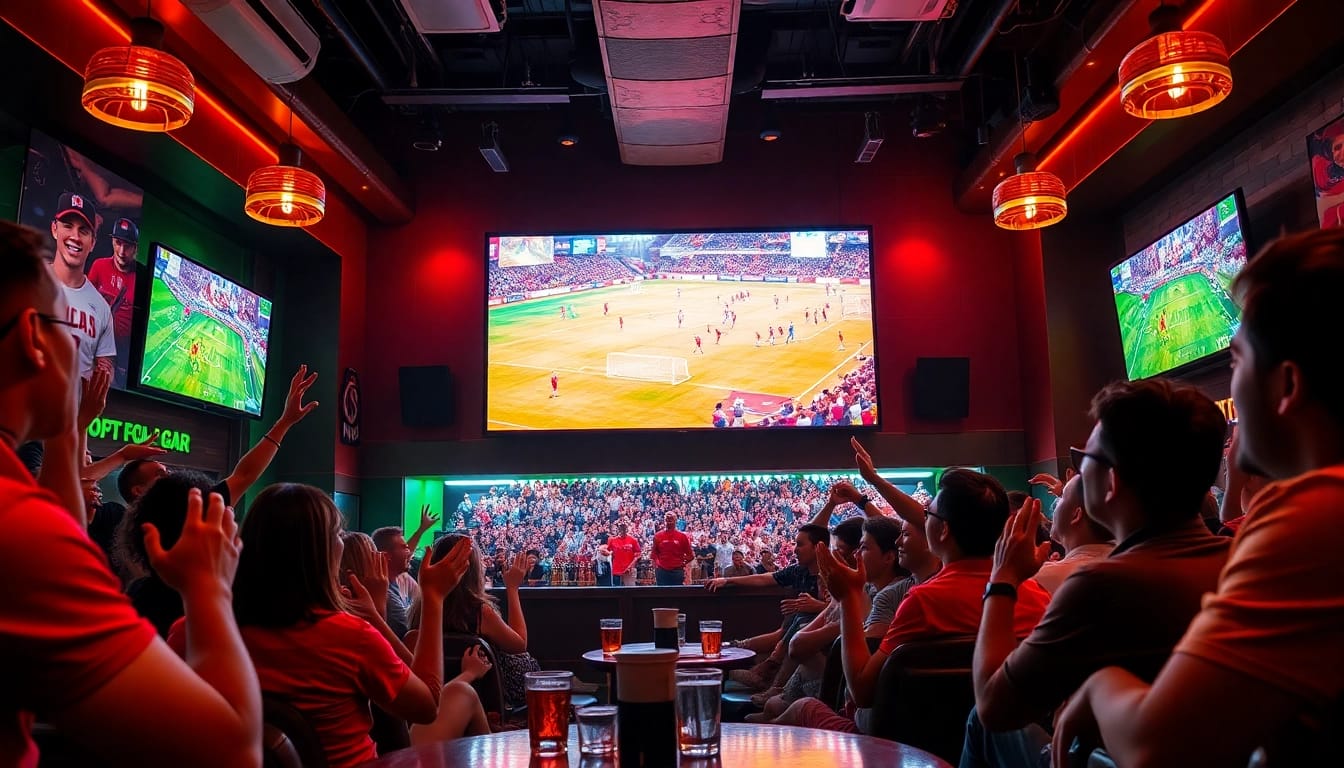 Exciting football fans watching a match on lương sơn tv in a vibrant sports bar.