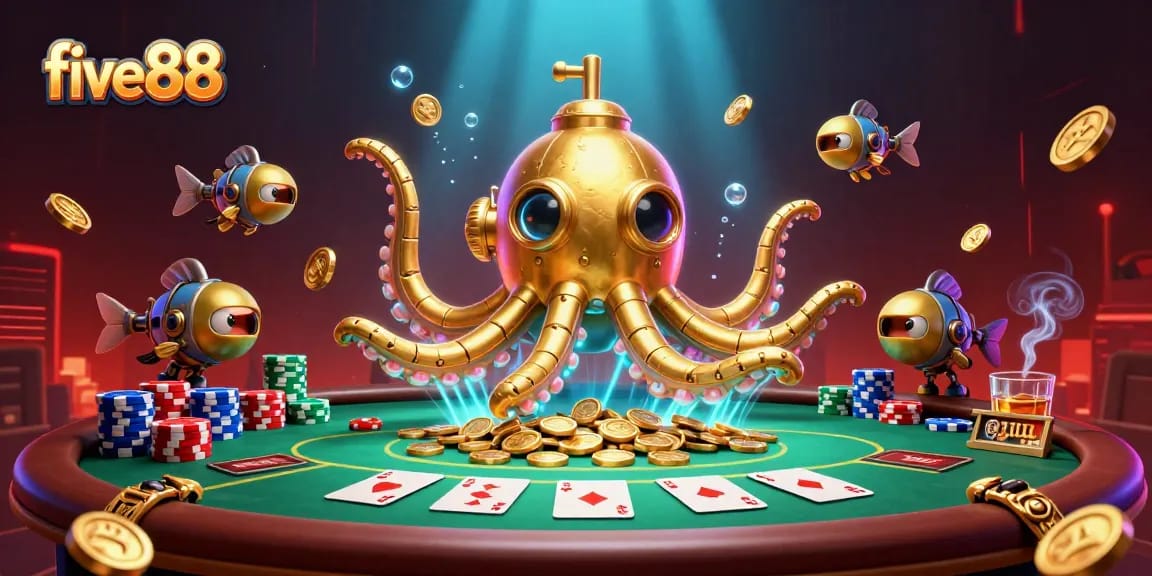 Experience the vibrant five88 casino scene with a golden kraken submarine and poker elements.
