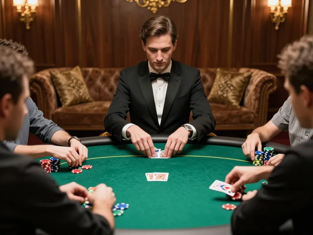 Experience a thrilling poker game in a high-roller room at https://c168marketing.com/ with colorful chips and strategic play.