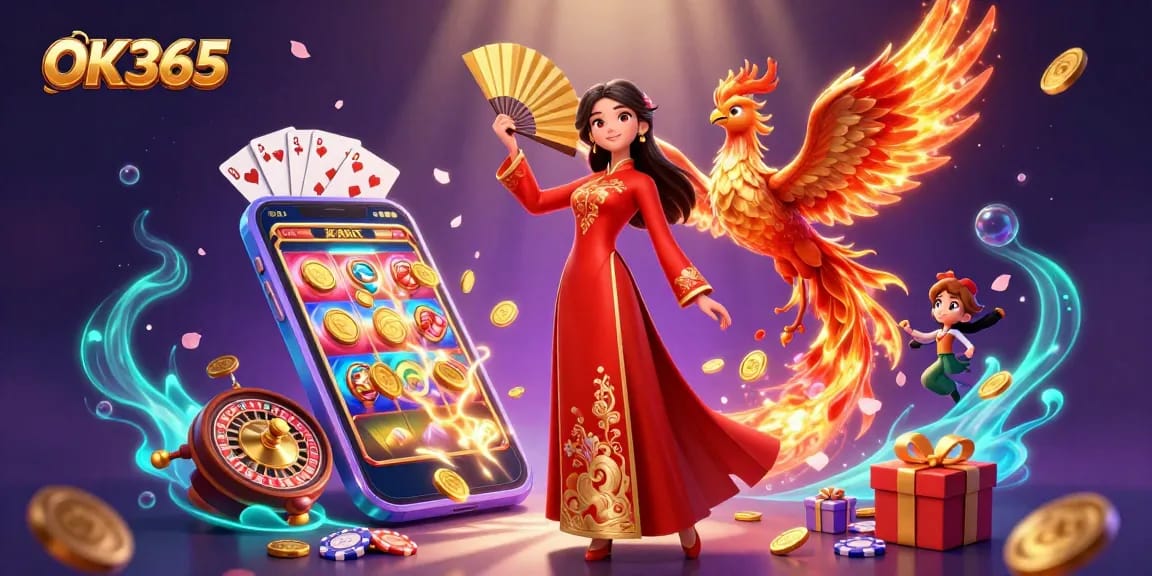 Engage in thrilling gameplay at OK365 with a vibrant casino scene featuring luck and fortune elements.