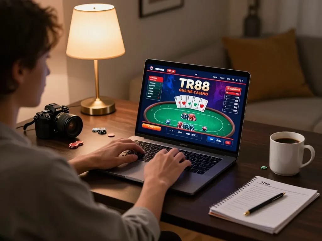Player engaging in online poker on TR88, showcasing an inviting and cozy home gaming setup.