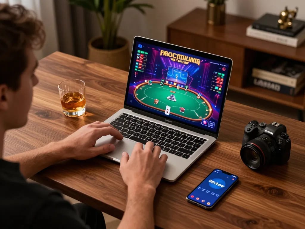 Player exploring 88clbgo app on laptop during a high-stakes poker game.