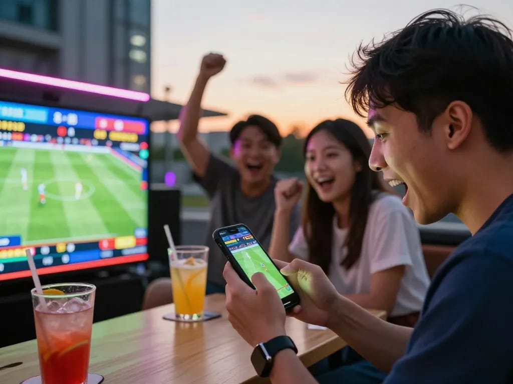 Person placing sports bets on smartphone at Tg88.com during a lively outdoor event, showcasing excitement and dynamic action.