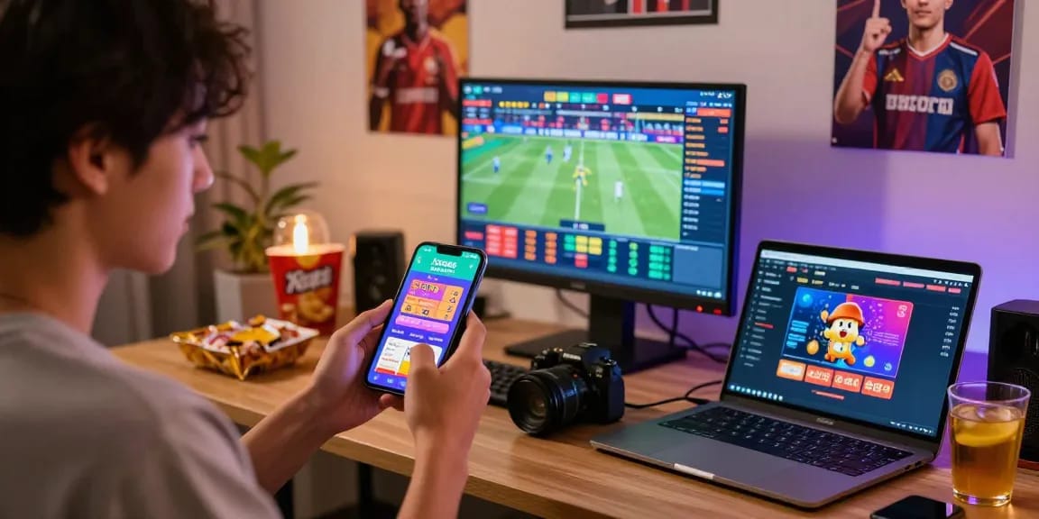 Xoso66 app đăng nhập on smartphone in vibrant gaming environment, showcasing lottery and casino games.
