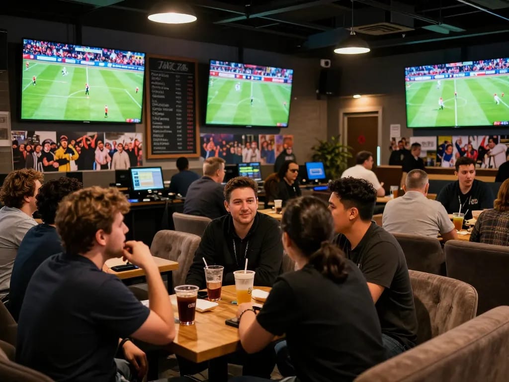 Socolive enthusiasts enjoying live betting during an exciting football match in a vibrant lounge setting.