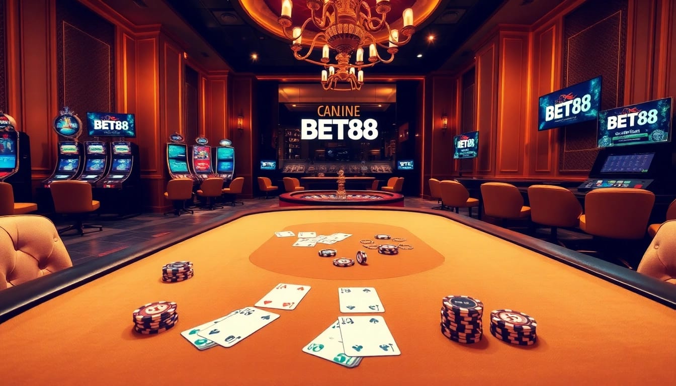 Experience the excitement of betting at BET88 with luxurious poker tables and vibrant slot machines.
