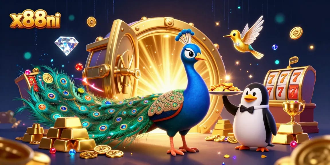 Join the luck at x88ni with vibrant 3D casino characters amidst golden treasure and dynamic gaming elements.