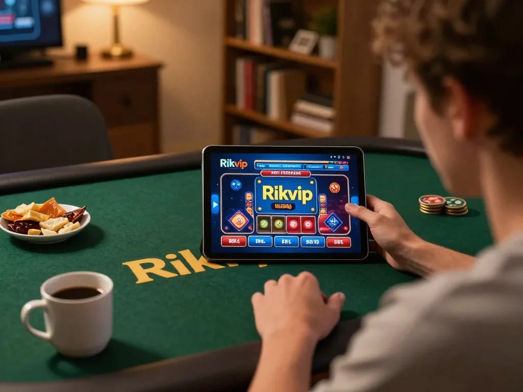 Engaging with Rikvip online casino on a tablet at home, depicting strategic gameplay.
