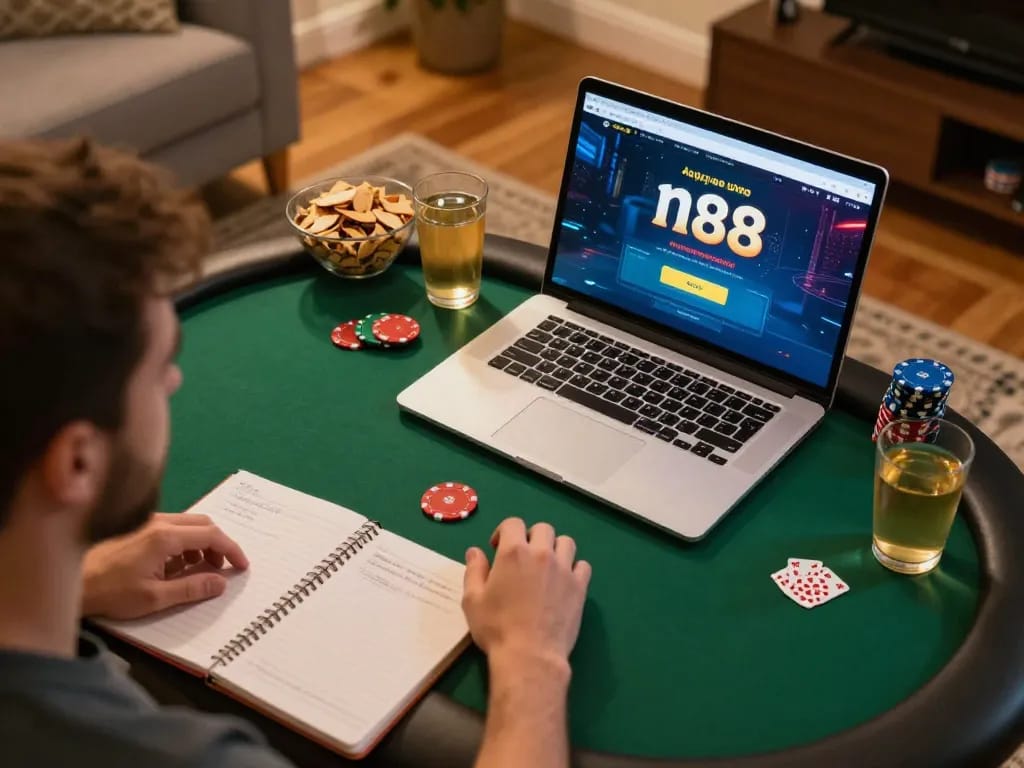 Player strategizing on the n88 platform while enjoying a cozy home online poker session