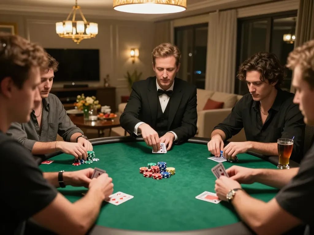Poker players engaged in a thrilling game at home, capturing strategic moments at a tablepremierr gathering