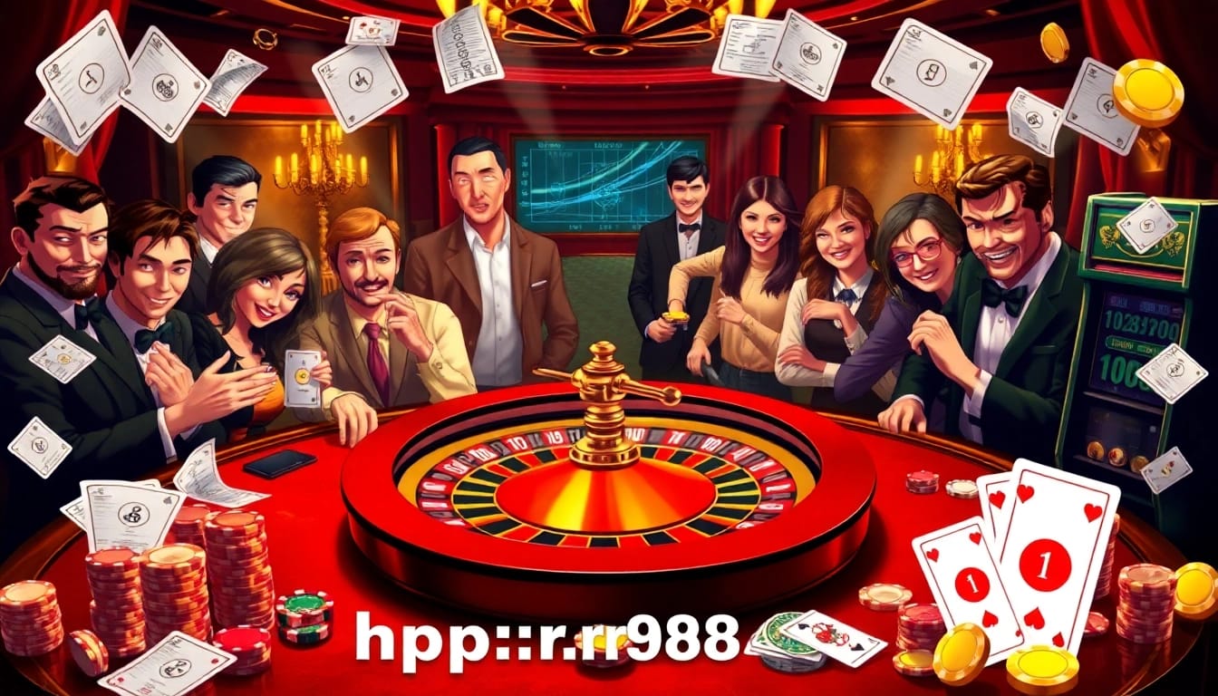 Exciting gambling scene at https://rr9988.net/ with poker table and spinning roulette wheel.