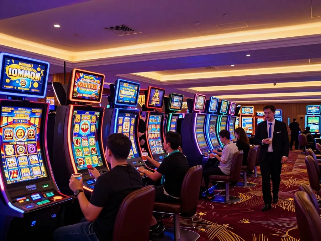 Người chơi LUCK8 tận hưởng các máy slot sôi động với ánh sáng đầy màu sắc và không khí lễ hội.