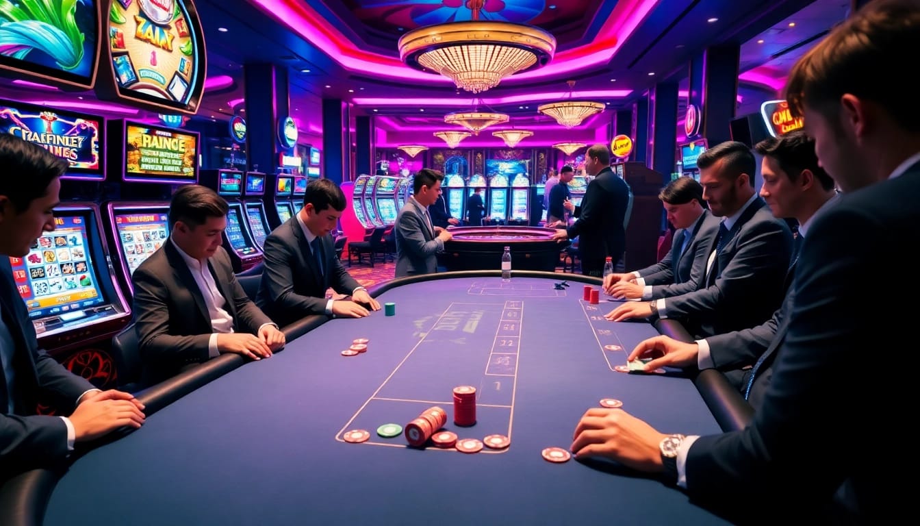 Excited players gamble at TV88's luxurious poker table, enhancing the thrilling casino experience.