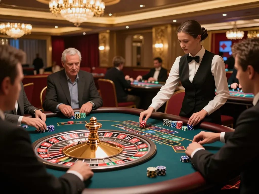 Betting action at a roulette table in an upscale casino, showcasing mb66-t experience.