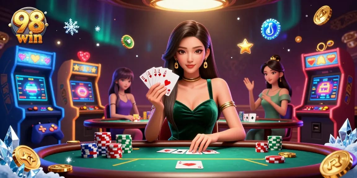 Play poker at 98 win with a beautiful dealer and vibrant gaming atmosphere