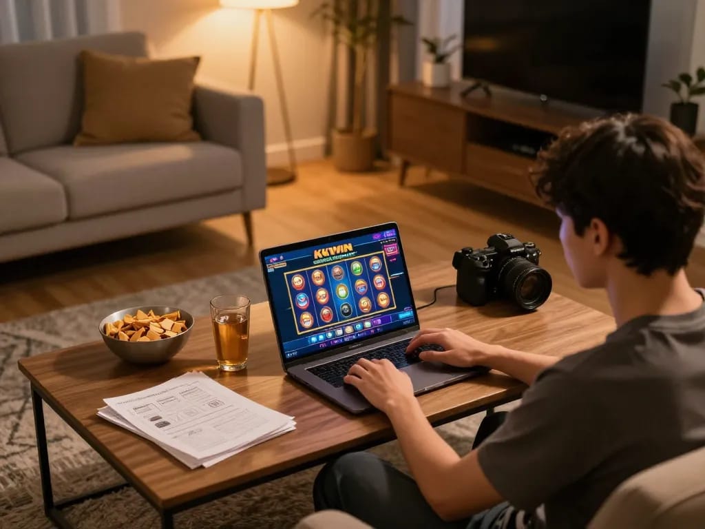 Player exploring the immersive KKWIN online casino on a laptop, enjoying a cozy home setting.