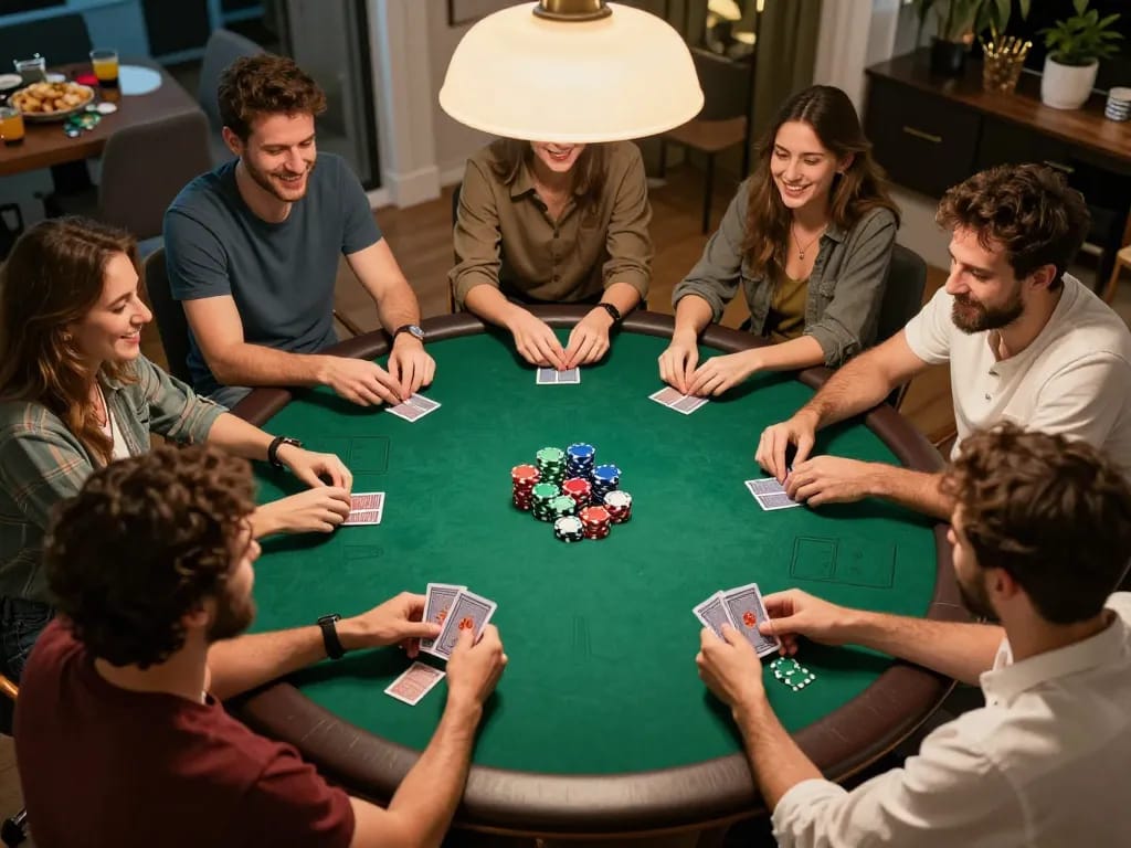 Go8 players enjoying a lively home poker game with chips and cards in action.