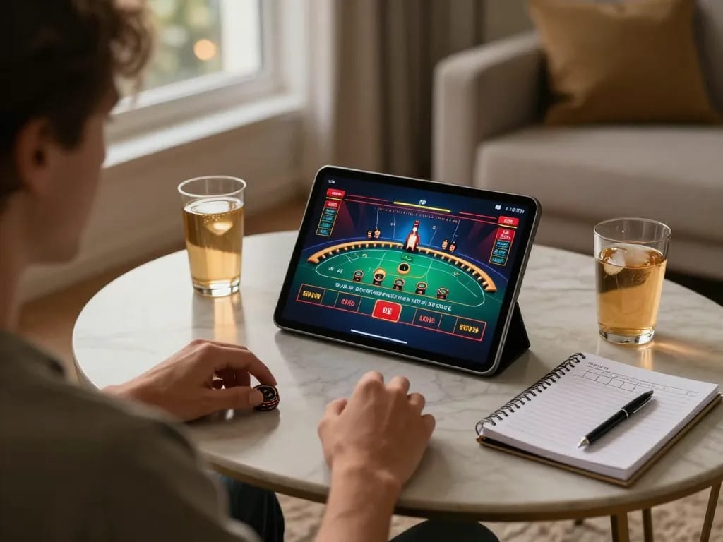 13win player enjoying live dealer games on tablet with strategic notes in a cozy home setting.