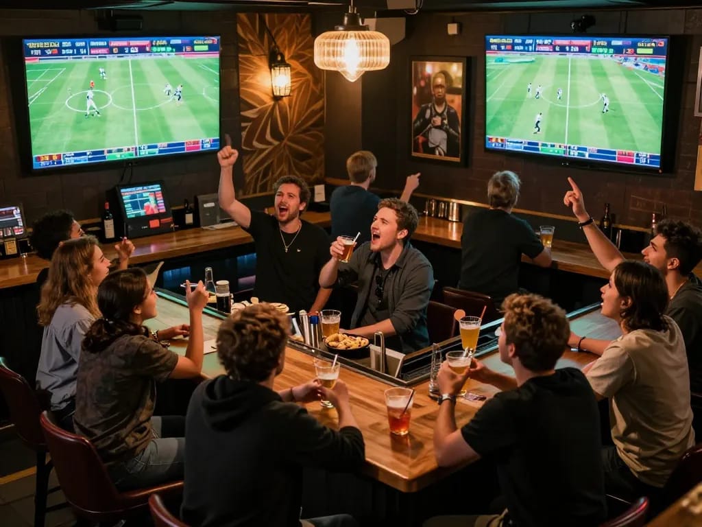 Socolive users passionately engaging in sports betting while watching live football matches in a vibrant bar atmosphere.
