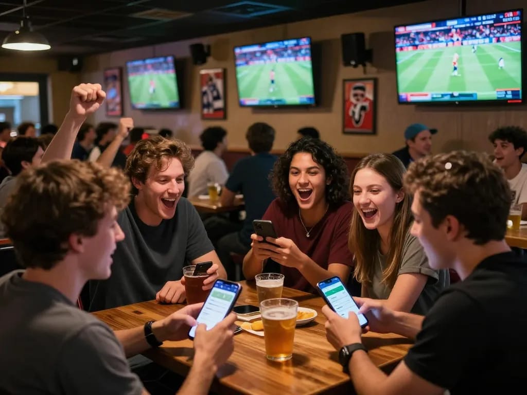 Fans celebrating as they check ผลบอล live scores on their betting app in a bustling sports bar.