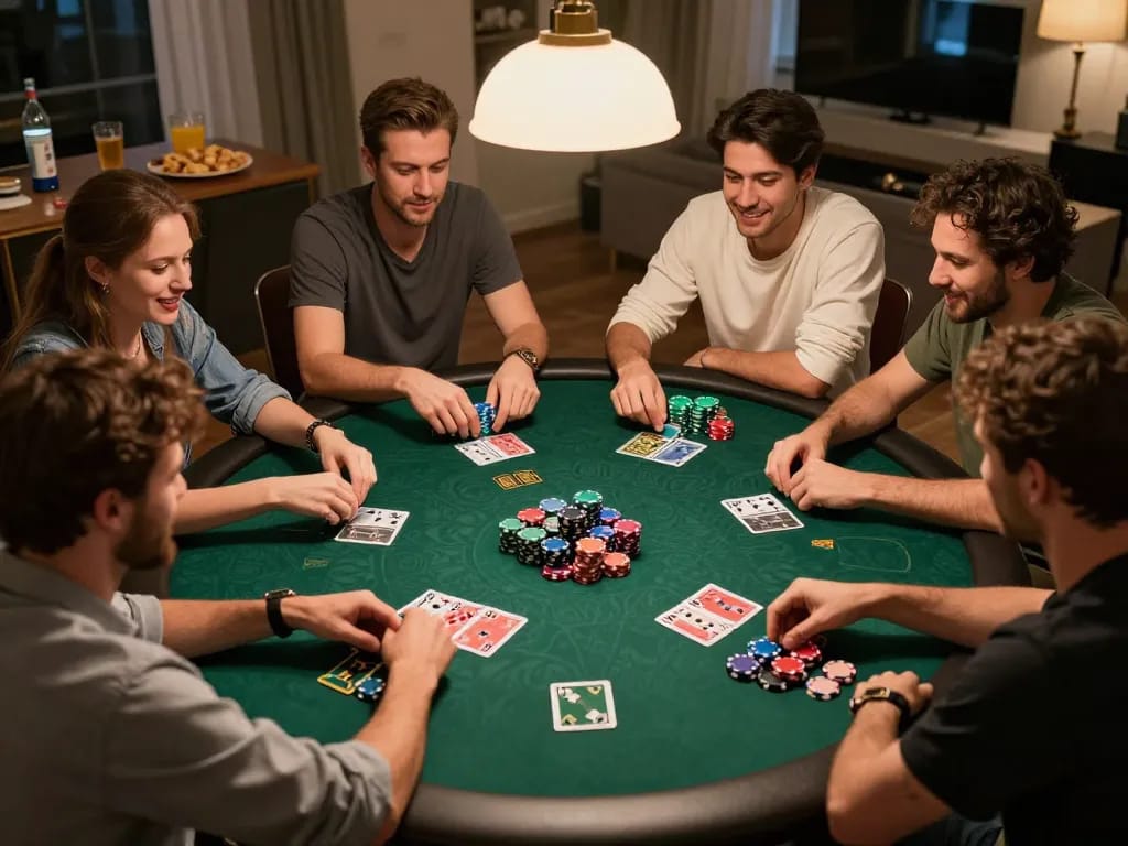 Friends enjoying a lively poker night together while engaging in exciting gameplay, showcasing strategic decisions at the table, OK365