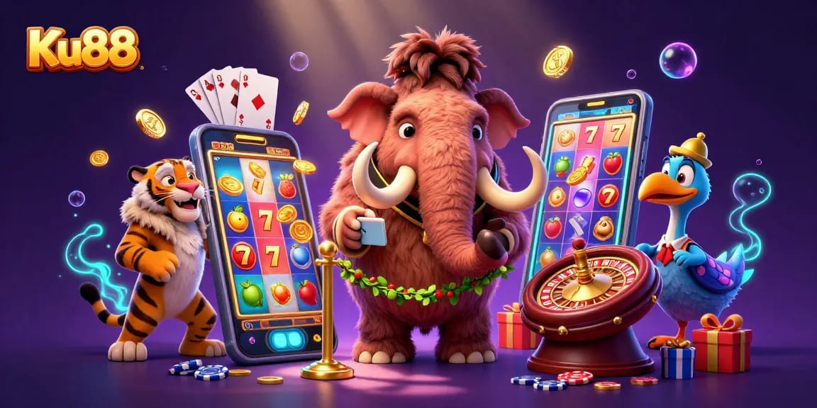 Ku88 casino illustration featuring a mammoth bouncer, tiger VIP, and dodo doorman amidst vibrant gaming elements.