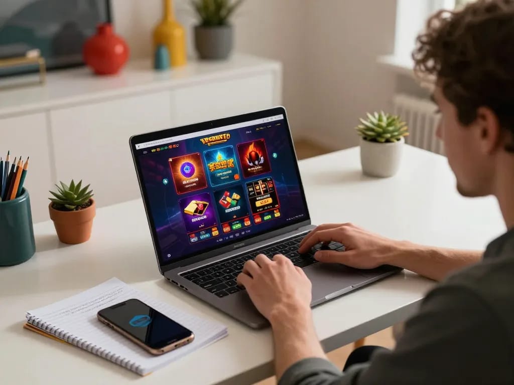 KJC player engaging in strategic online gaming at home, showcasing colorful casino interface and notes.