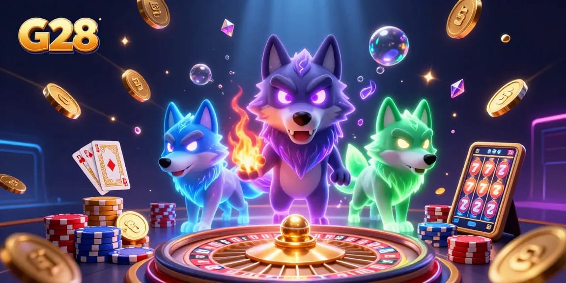 G28 powers up the casino scene with wolves, gold coins, and vibrant gambling elements.