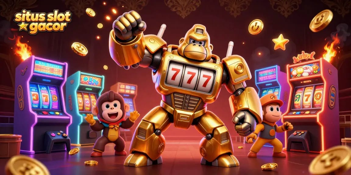 Experience situs slot gacor action with a golden gorilla mech and vibrant casino elements in a dynamic 3D scene.