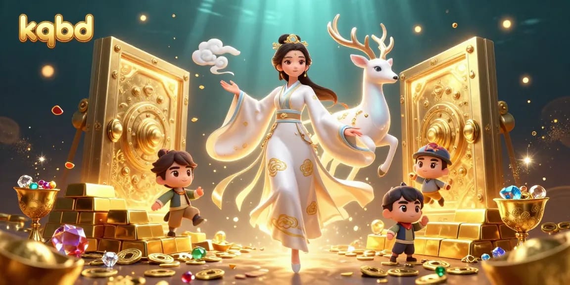 Experience excitement in kqbd with a dynamic 3D illustration featuring a beautiful Asian woman and treasures.