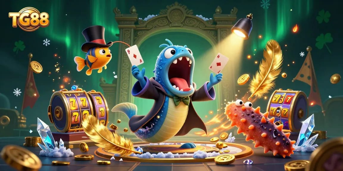 Experience immersive gaming with TG88's vibrant 3D illustration of a card trick performance by deep-sea characters.