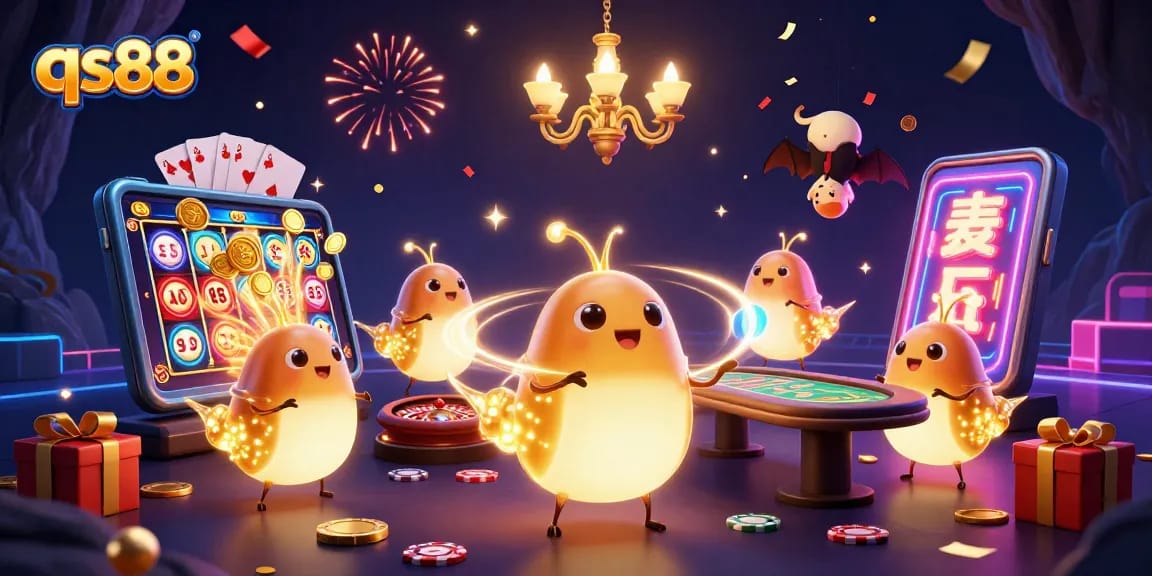 qs88 casino scene with glowworms and a bat dealer under colorful lights