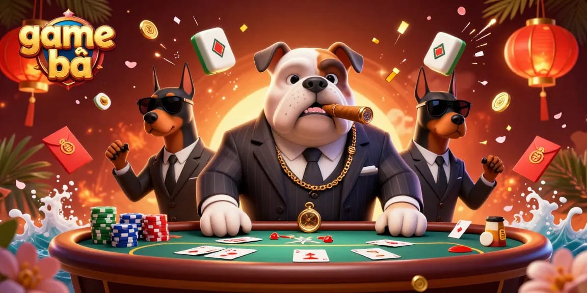 Experience thrilling game bài action with a stylized mafia scene featuring poker elements and vibrant visuals.