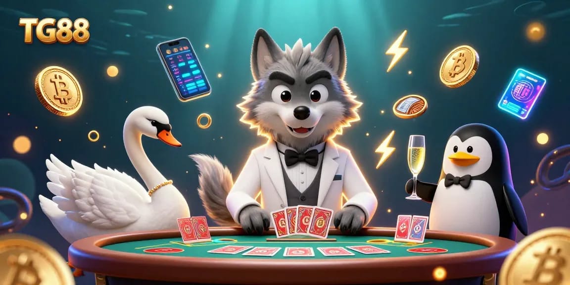 Experience the TG88 live casino scene with characters enjoying baccarat and cryptocurrency elements.