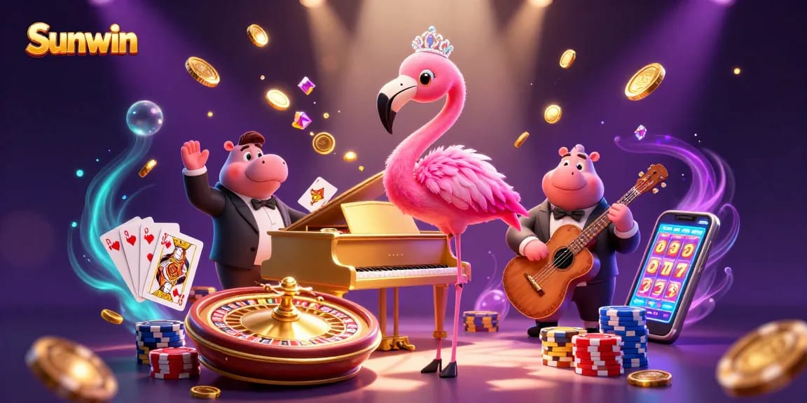 Experience the excitement of Sunwin casino with a vibrant 3D illustration featuring a flamingo singer and hippo bassist.