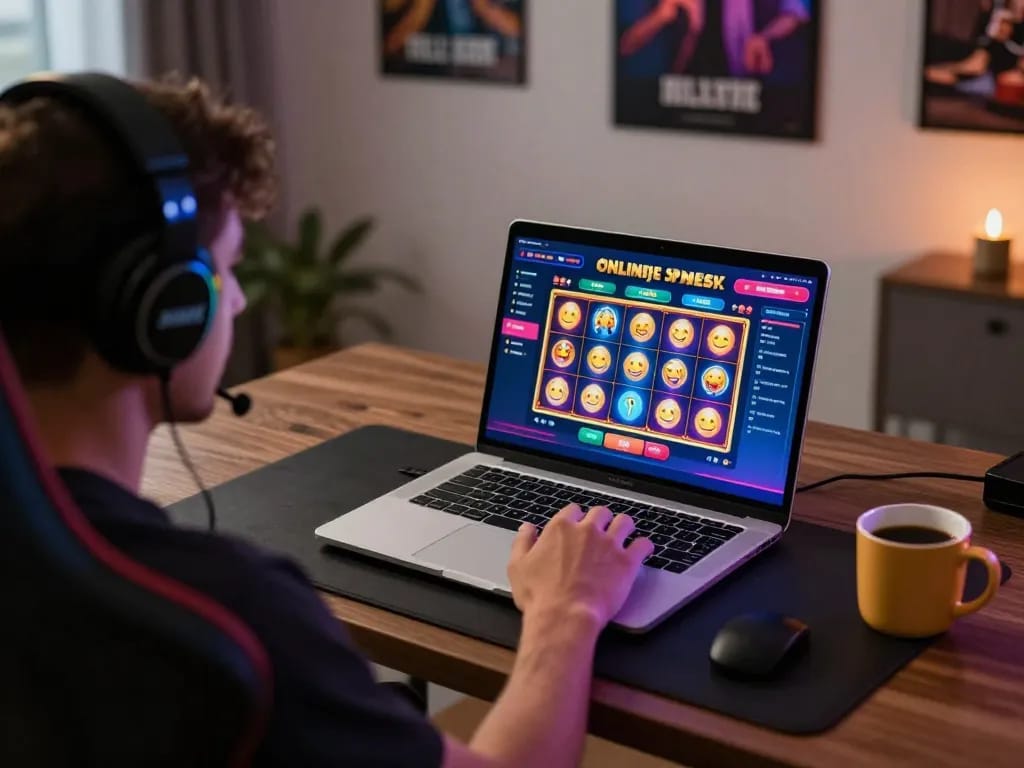 Engaging with 58win online slots at home, showing vibrant game interface and cozy setup