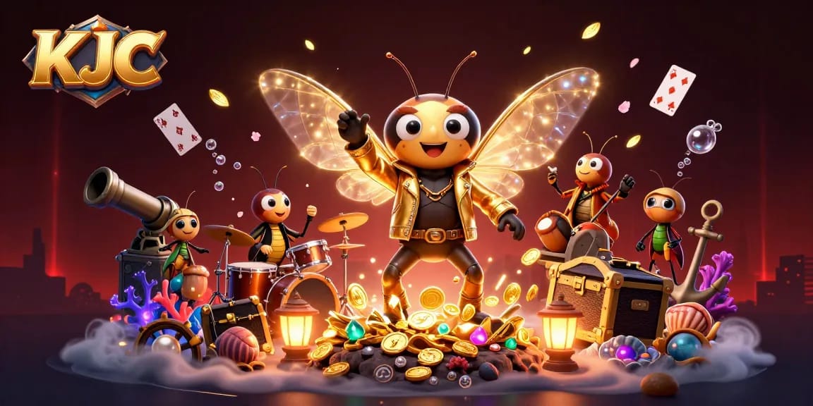 Experience the vibrancy of KJC's groundbreaking online casino with a dynamic scene full of gaming elements and lively characters.