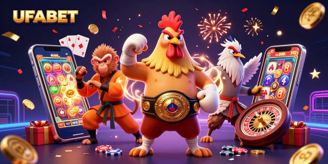 Win exciting gaming rewards with UFABET's dynamic online gambling scene featuring vibrant characters and thrilling elements.