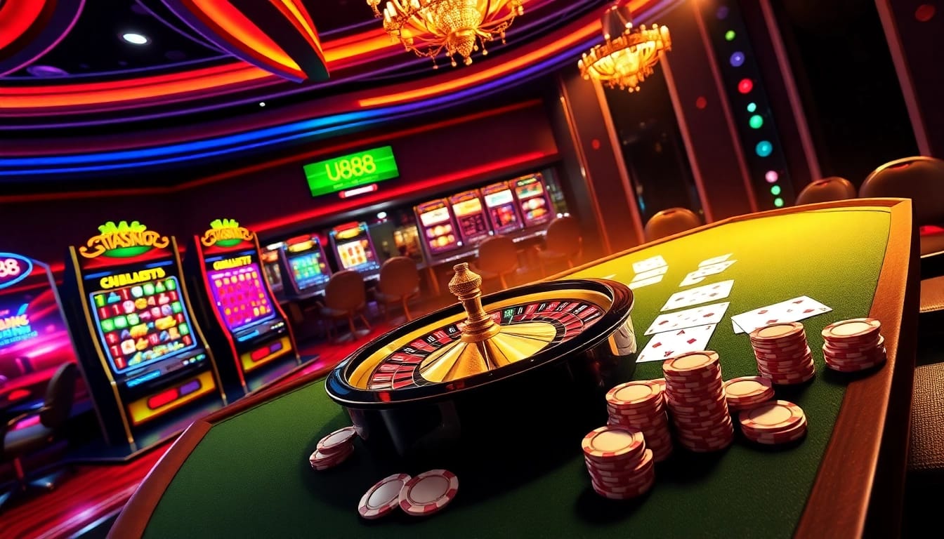 Experience the thrilling excitement of U888 casino with vibrant slot machines and poker tables.